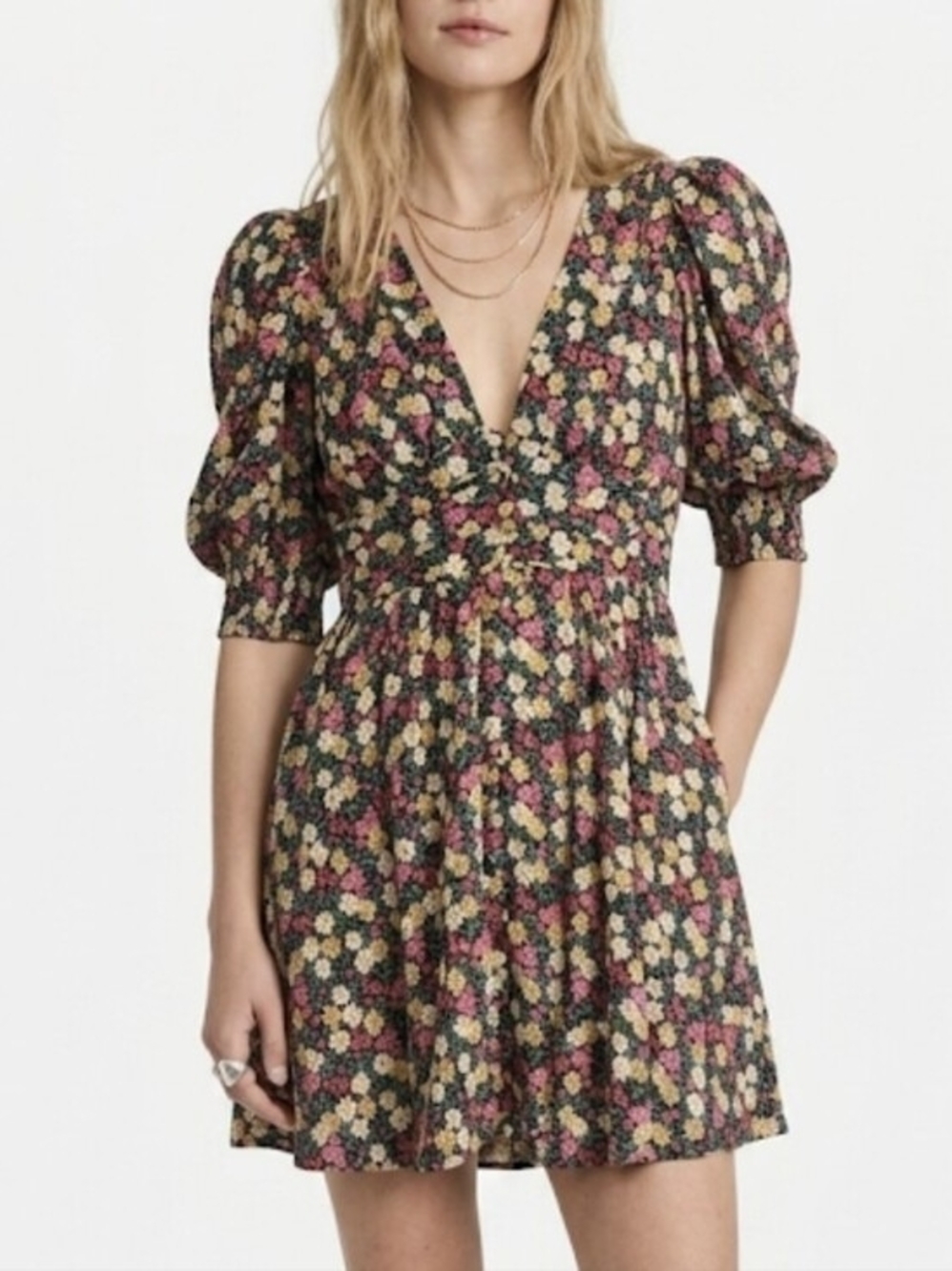 Zara Floral V-Neck Puff Sleeve Mini Dress - Pink, Cream, Green Size Medium